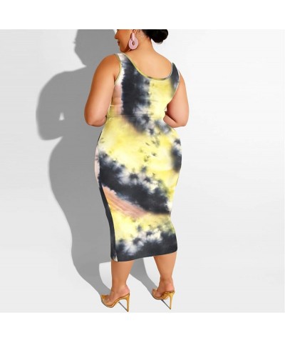 Womens Sexy Plus Size 2 Piece Midi Dress Outfits - Sleeveless Tie Dye Print Tank Crop Top Bodycon Skirts Set Light Yellow-1 $...