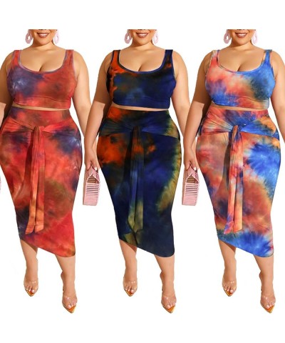 Womens Sexy Plus Size 2 Piece Midi Dress Outfits - Sleeveless Tie Dye Print Tank Crop Top Bodycon Skirts Set Light Yellow-1 $...