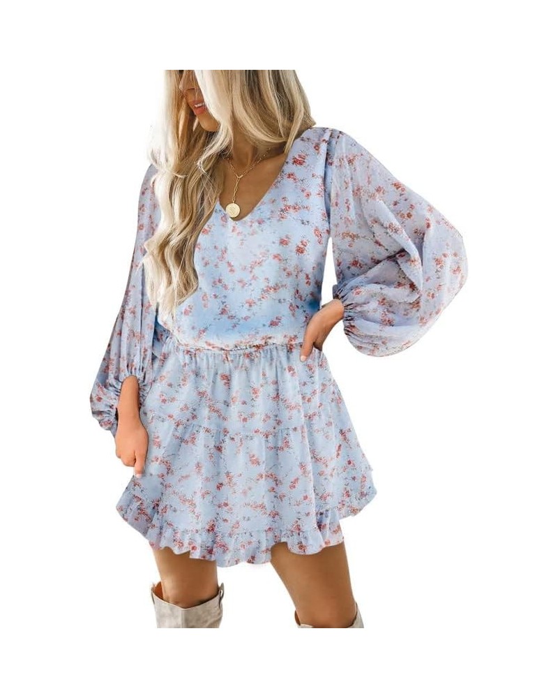 Womens 2023 Spring V Neck Ruffle Chiffon Elegant Mini Short Swing Skater Dresses D Sky Blue $12.69 Dresses