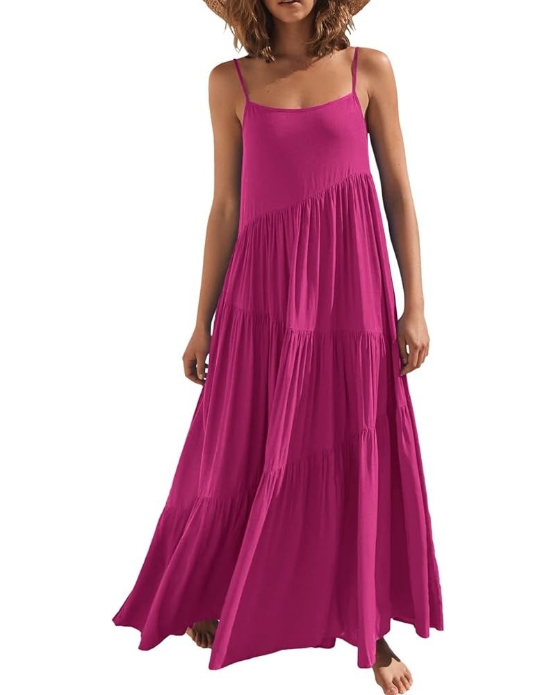 Women’s Summer Casual Loose Sleeveless Spaghetti Strap Asymmetric Tiered Beach Maxi Long Dress Rose $19.80 Dresses