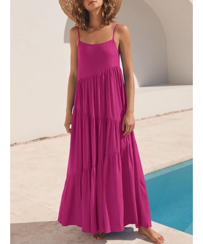 Women’s Summer Casual Loose Sleeveless Spaghetti Strap Asymmetric Tiered Beach Maxi Long Dress Rose $19.80 Dresses