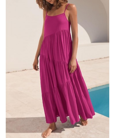 Women’s Summer Casual Loose Sleeveless Spaghetti Strap Asymmetric Tiered Beach Maxi Long Dress Rose $19.80 Dresses