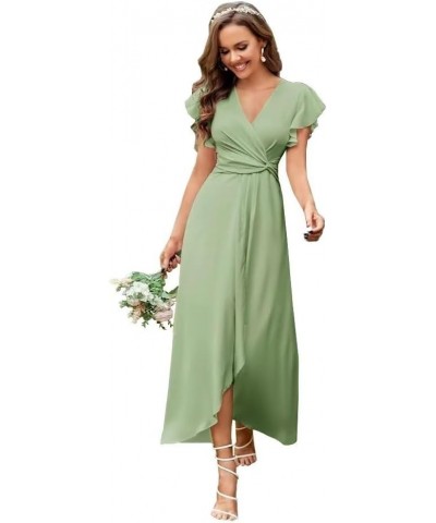 V-Neck Bridesmaid Dresses for Wedding Long Chiffon Ruffles Elegant A-Line Prom Gown Formal Party Dress 2023 DR0252R Sage Gree...