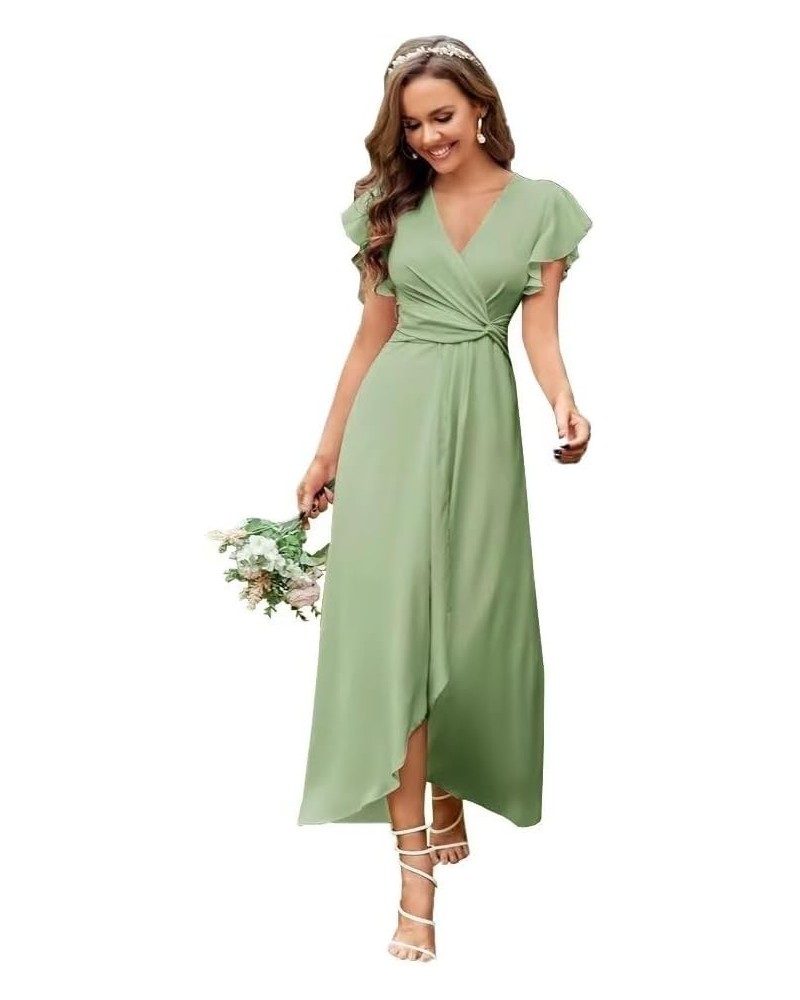 V-Neck Bridesmaid Dresses for Wedding Long Chiffon Ruffles Elegant A-Line Prom Gown Formal Party Dress 2023 DR0252R Sage Gree...