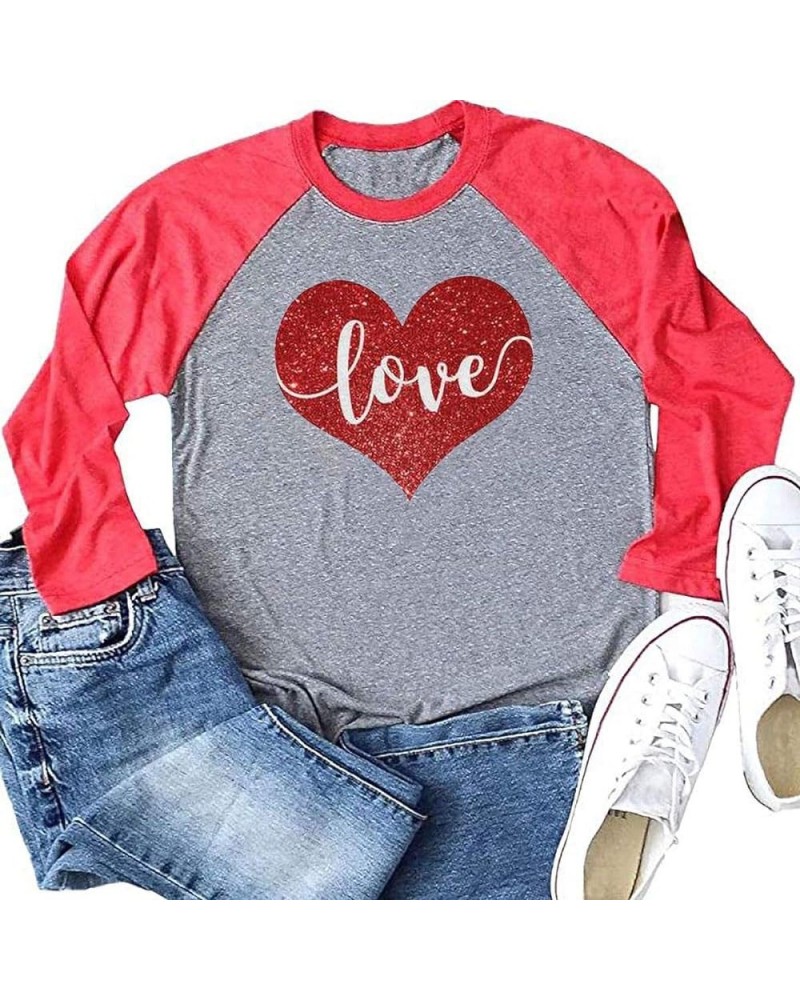 Womens Love Heart Raglans T-Shirts Casual Long Sleeve Valentine's Day Graphic Tees Tops Red 6 $13.56 T-Shirts