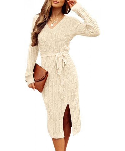 Women's V Neck Cable Knit Sweater Dress Long Sleeve Bodycon Slit Pullover Midi Dress with Belt Apricot $12.33 Sweaters