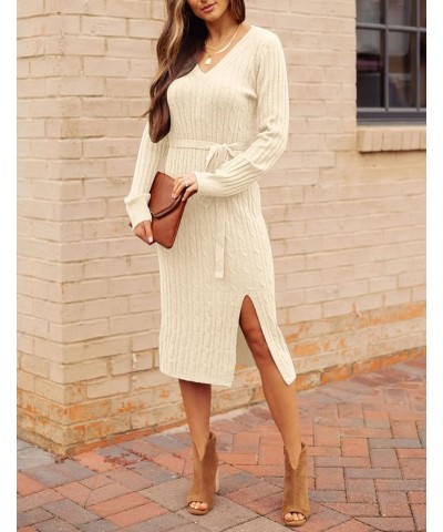 Women's V Neck Cable Knit Sweater Dress Long Sleeve Bodycon Slit Pullover Midi Dress with Belt Apricot $12.33 Sweaters