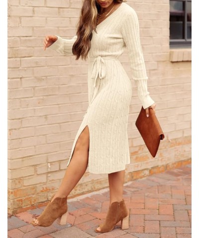 Women's V Neck Cable Knit Sweater Dress Long Sleeve Bodycon Slit Pullover Midi Dress with Belt Apricot $12.33 Sweaters