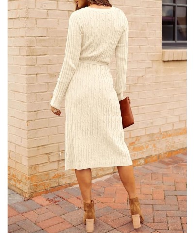 Women's V Neck Cable Knit Sweater Dress Long Sleeve Bodycon Slit Pullover Midi Dress with Belt Apricot $12.33 Sweaters