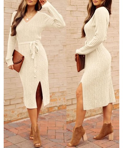 Women's V Neck Cable Knit Sweater Dress Long Sleeve Bodycon Slit Pullover Midi Dress with Belt Apricot $12.33 Sweaters