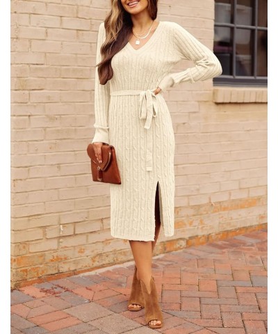 Women's V Neck Cable Knit Sweater Dress Long Sleeve Bodycon Slit Pullover Midi Dress with Belt Apricot $12.33 Sweaters