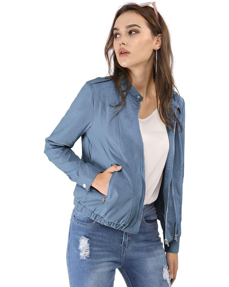 Women's Lightweight Classic Casual Stand Collar Pocket Short Biker Moto Jacket Blue $28.79 Jackets