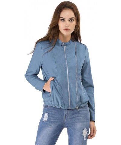 Women's Lightweight Classic Casual Stand Collar Pocket Short Biker Moto Jacket Blue $28.79 Jackets