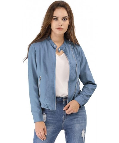 Women's Lightweight Classic Casual Stand Collar Pocket Short Biker Moto Jacket Blue $28.79 Jackets