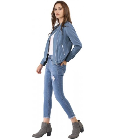 Women's Lightweight Classic Casual Stand Collar Pocket Short Biker Moto Jacket Blue $28.79 Jackets