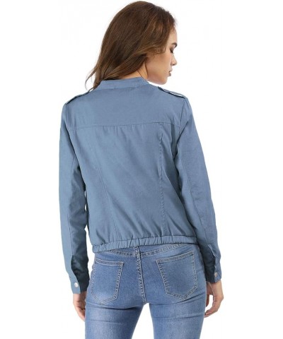 Women's Lightweight Classic Casual Stand Collar Pocket Short Biker Moto Jacket Blue $28.79 Jackets