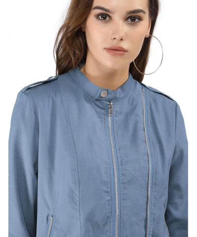 Women's Lightweight Classic Casual Stand Collar Pocket Short Biker Moto Jacket Blue $28.79 Jackets