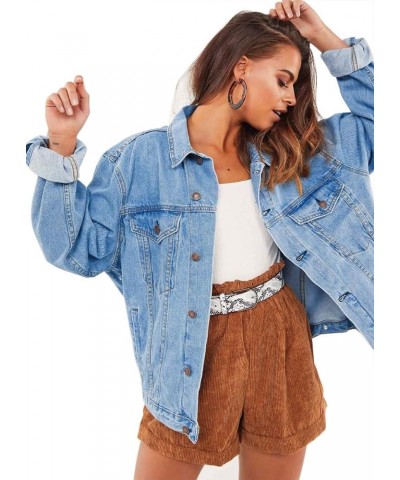 Women's Oversized Vintage Denim Jacket Long Sleeve Boyfriend Coat Light Blue Washed $20.87 Jackets