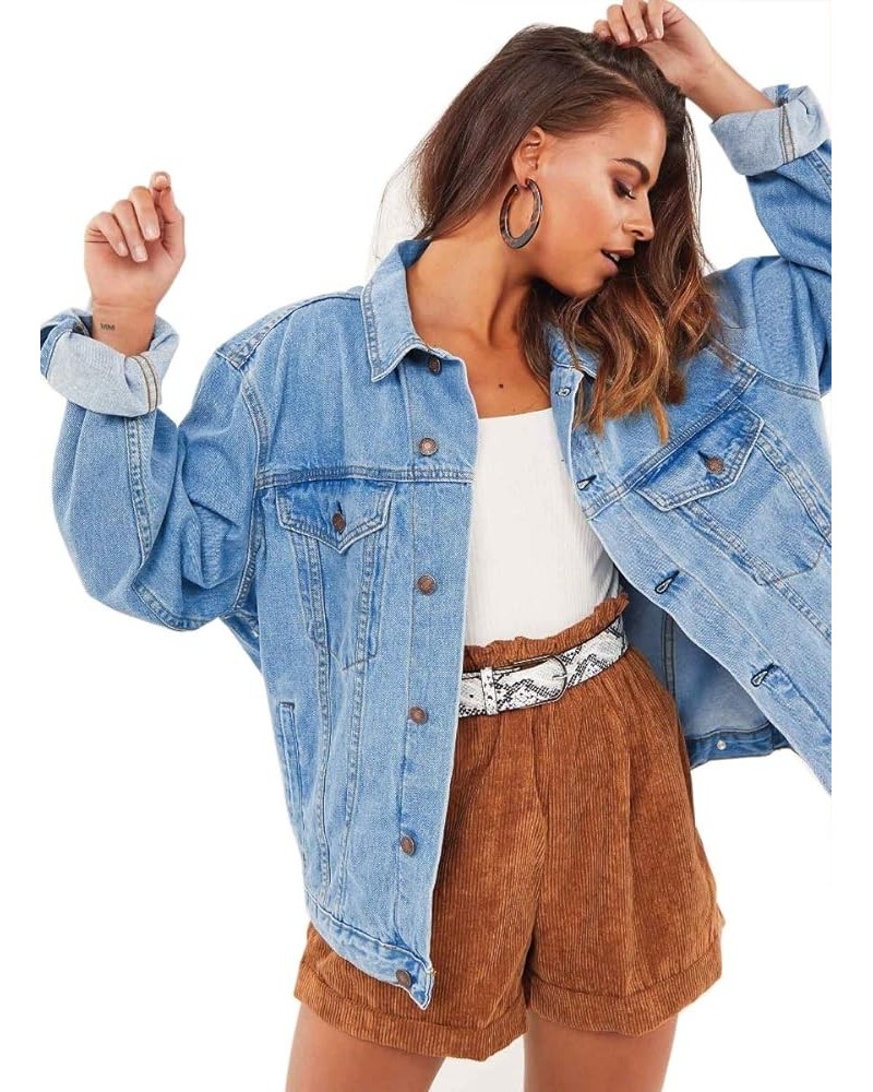 Women's Oversized Vintage Denim Jacket Long Sleeve Boyfriend Coat Light Blue Washed $20.87 Jackets