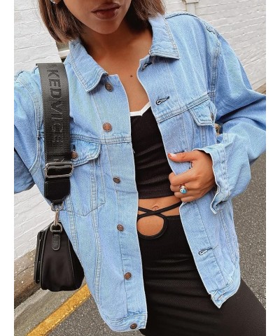 Women's Oversized Vintage Denim Jacket Long Sleeve Boyfriend Coat Light Blue Washed $20.87 Jackets