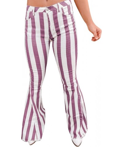 Womens Striped Bell Bottom Jeans Raw Hem Flared Denim Pants Purple $18.40 Jeans