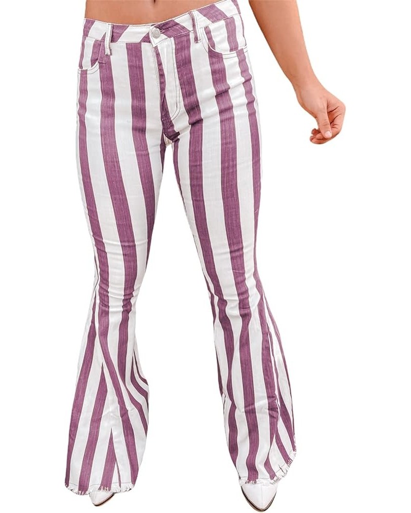 Womens Striped Bell Bottom Jeans Raw Hem Flared Denim Pants Purple $18.40 Jeans