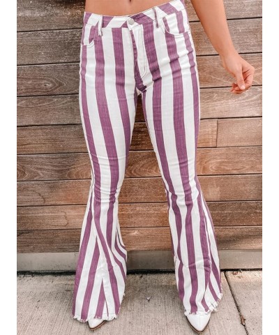 Womens Striped Bell Bottom Jeans Raw Hem Flared Denim Pants Purple $18.40 Jeans