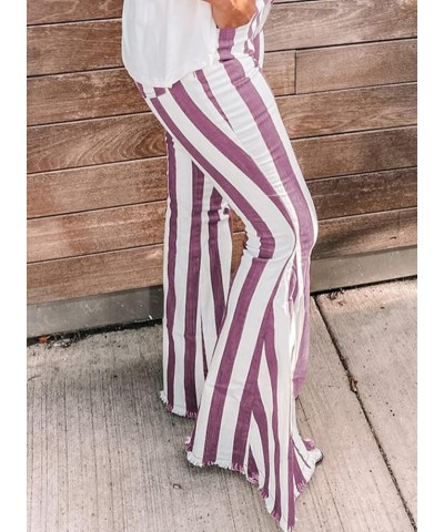 Womens Striped Bell Bottom Jeans Raw Hem Flared Denim Pants Purple $18.40 Jeans