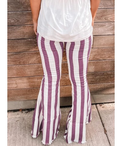 Womens Striped Bell Bottom Jeans Raw Hem Flared Denim Pants Purple $18.40 Jeans