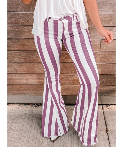 Womens Striped Bell Bottom Jeans Raw Hem Flared Denim Pants Purple $18.40 Jeans