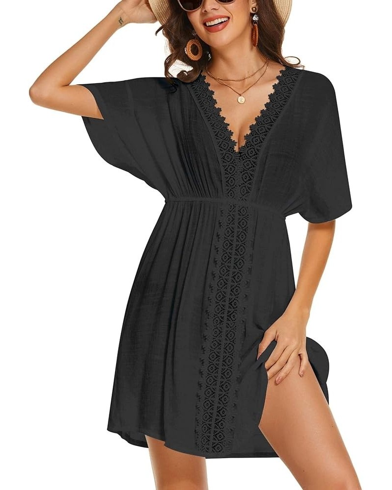 Swimsuit Cover Ups Women's Bathing Suit V Neck Ruffle Sleeve Soft Coverups Dress S-XXL Z-black $13.20 Swimsuits