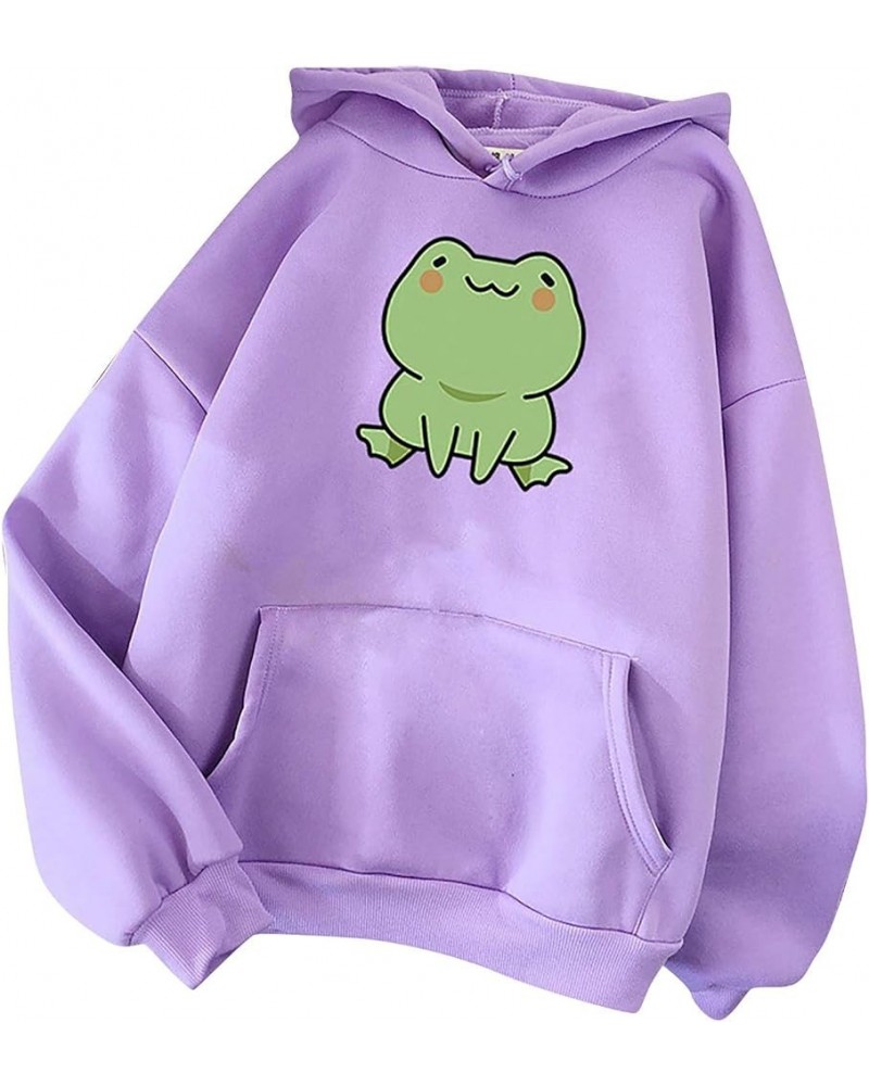 Cute Frog Hoodie for Womens Teen Girls Long Sleeve Patchwork Sweatshirts Kawaii Frog Graphic Pullover with Pocket A00-purple ...