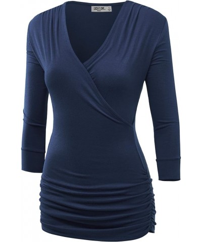 Women's 3/4 Sleeve Cross Front Wrapped V Neck Top S-3XL Wt1255_navy $9.56 Tops