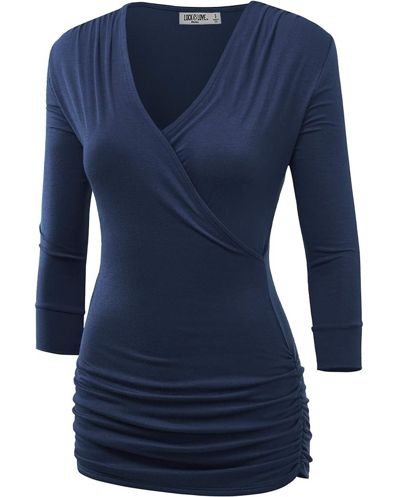 Women's 3/4 Sleeve Cross Front Wrapped V Neck Top S-3XL Wt1255_navy $9.56 Tops