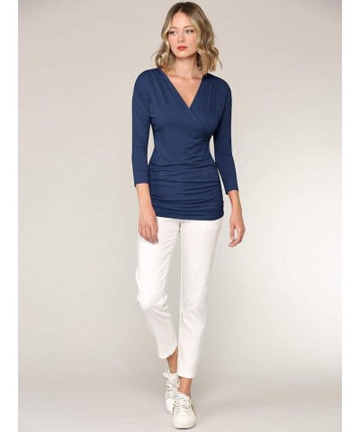 Women's 3/4 Sleeve Cross Front Wrapped V Neck Top S-3XL Wt1255_navy $9.56 Tops