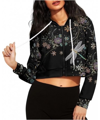 Zip Up Hoodies for Womens Y2K Crop Hoodies Sweatshirt Oversized Jackets Floral Dragonfly $20.39 Hoodies & Sweatshirts