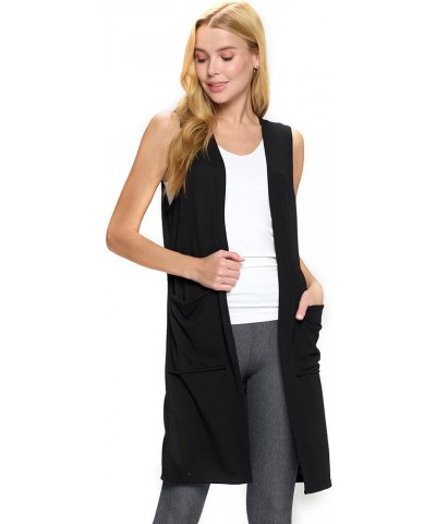 Women's Casual Lightweight Open Front Drape Cardigan with Pockets Sleeveless Black $13.42 Sweaters