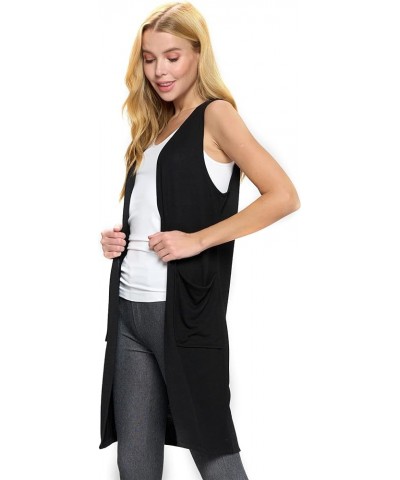 Women's Casual Lightweight Open Front Drape Cardigan with Pockets Sleeveless Black $13.42 Sweaters