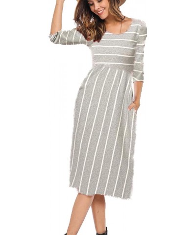 Women's 3 4 Sleeve Stripe Elastic Waist Casual Dress with Pocket Gray $12.45 Dresses