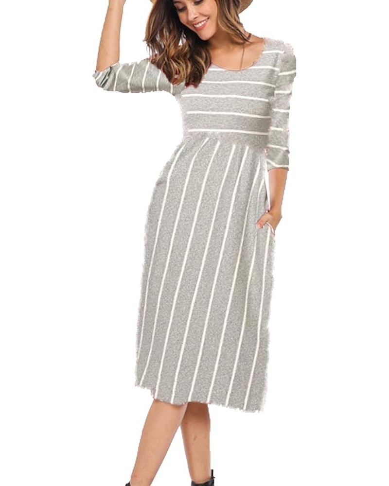 Women's 3 4 Sleeve Stripe Elastic Waist Casual Dress with Pocket Gray $12.45 Dresses