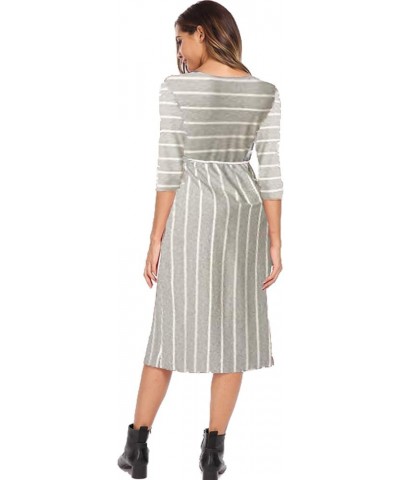 Women's 3 4 Sleeve Stripe Elastic Waist Casual Dress with Pocket Gray $12.45 Dresses