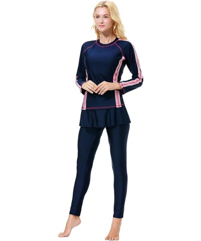 3pcs Rash Guard for Women Modest Swimwear Muslim Swimsuit Swim Top Shirt Pants Shorts Cap Bathing Suit B: Navy Blue $11.65 Sw...