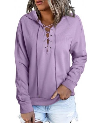 Womens 2023 Fashion Lace Up V Neck Drawstring Hoodies Sweatshirt Pullover Tops Purple $21.04 Hoodies & Sweatshirts