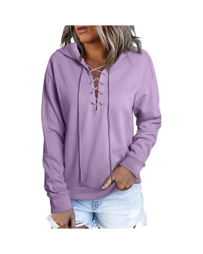 Womens 2023 Fashion Lace Up V Neck Drawstring Hoodies Sweatshirt Pullover Tops Purple $21.04 Hoodies & Sweatshirts