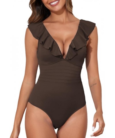 Women's Ruffled One Piece Swimsuit V Neck Tummy Control Swimwear Cut Out Back Bathing Suit Coffee $14.65 Swimsuits