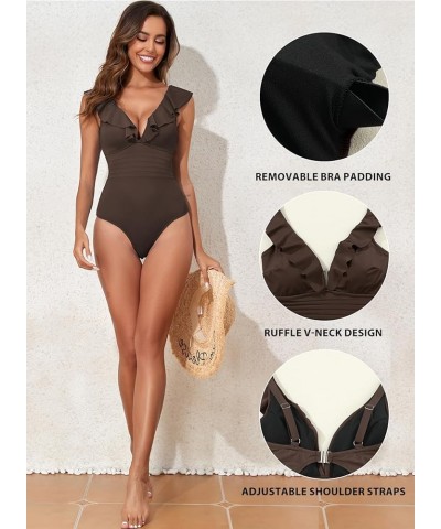 Women's Ruffled One Piece Swimsuit V Neck Tummy Control Swimwear Cut Out Back Bathing Suit Coffee $14.65 Swimsuits