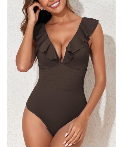 Women's Ruffled One Piece Swimsuit V Neck Tummy Control Swimwear Cut Out Back Bathing Suit Coffee $14.65 Swimsuits