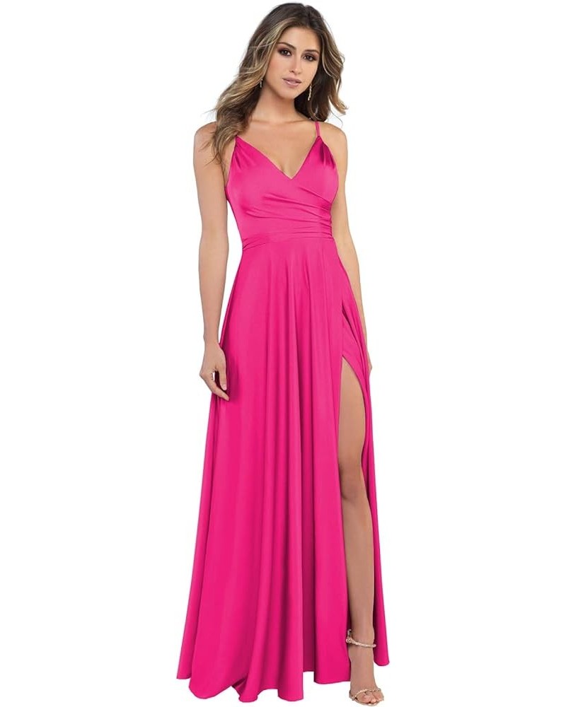 Satin Bridesmaid Dresses Long V Neck Spaghetti Strap Evening Formal Dress Fuchsia $28.04 Dresses