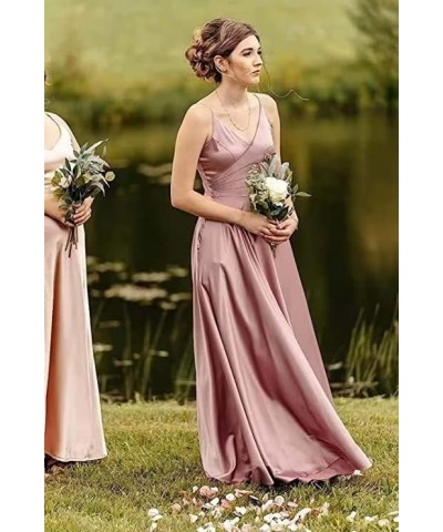 Satin Bridesmaid Dresses Long V Neck Spaghetti Strap Evening Formal Dress Fuchsia $28.04 Dresses