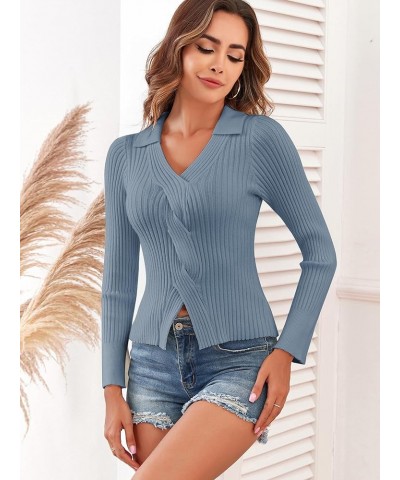 Women's Criss Cross V Neck Sweaters Front Slit Ribbed Knit Pullover Sweater Jumper Tops 3-sky Blue $18.90 Sweaters